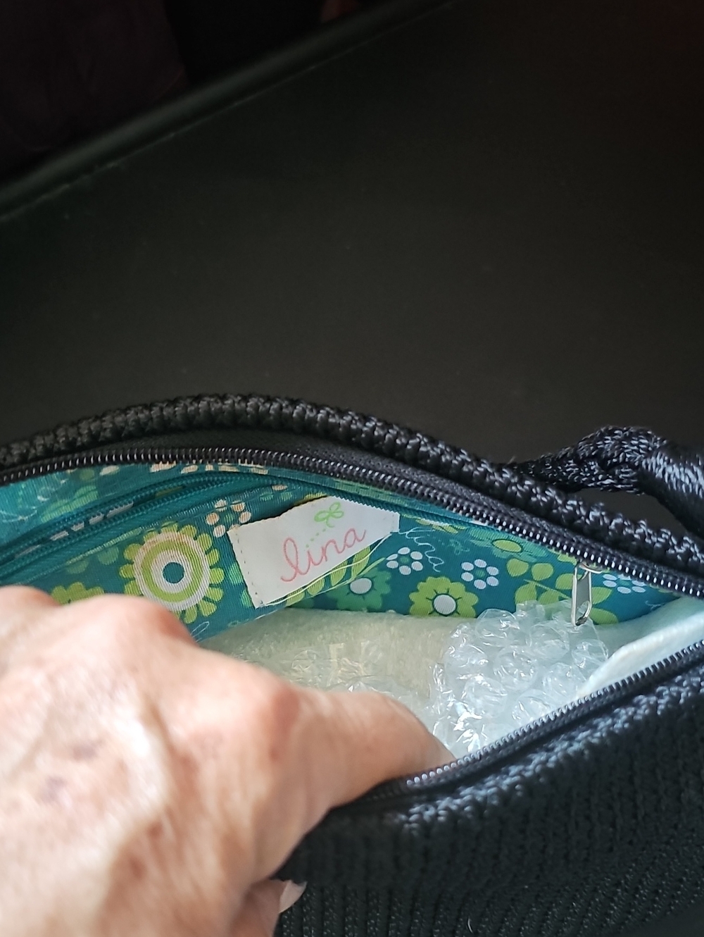 Lina Black Woven Mini Bag with Teal Floral Lining